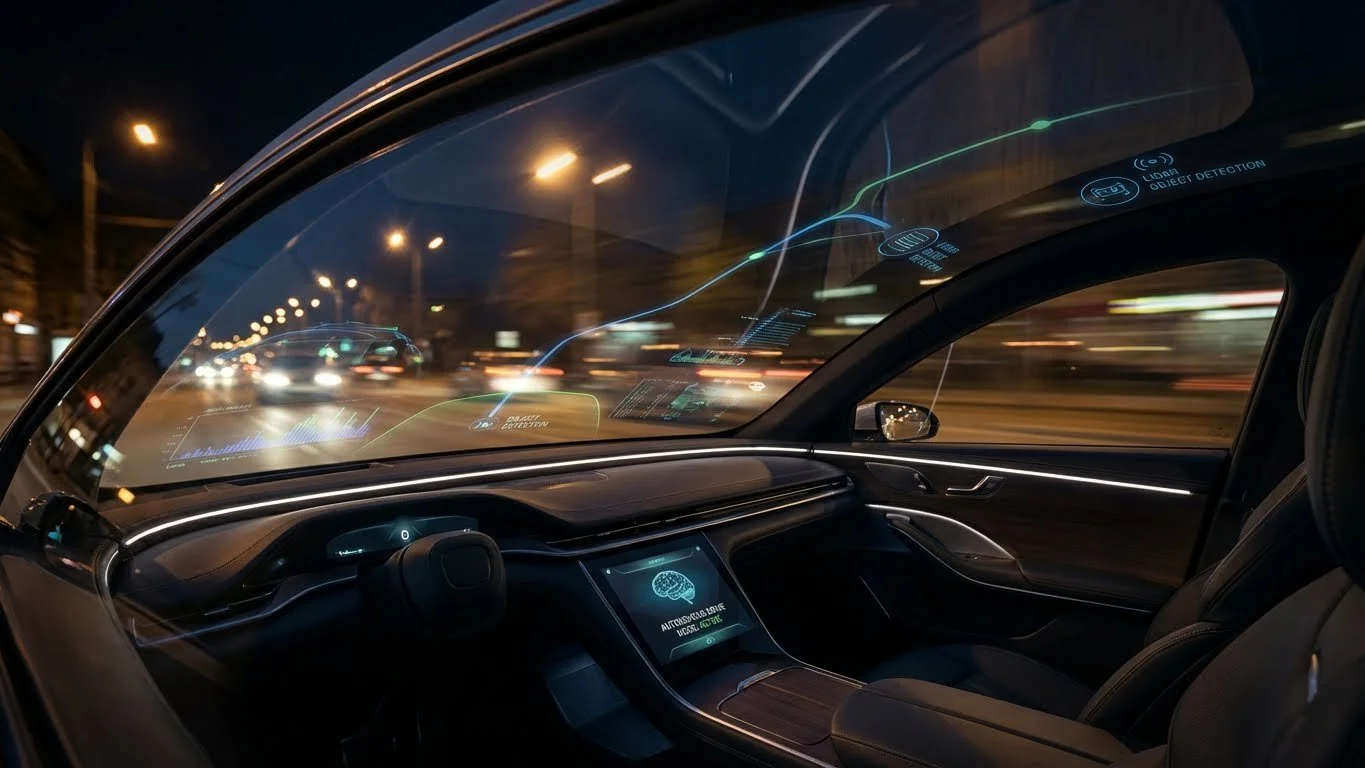 Inside a modern autonomous vehicle at night with digital displays and a city street visible through the windshield.