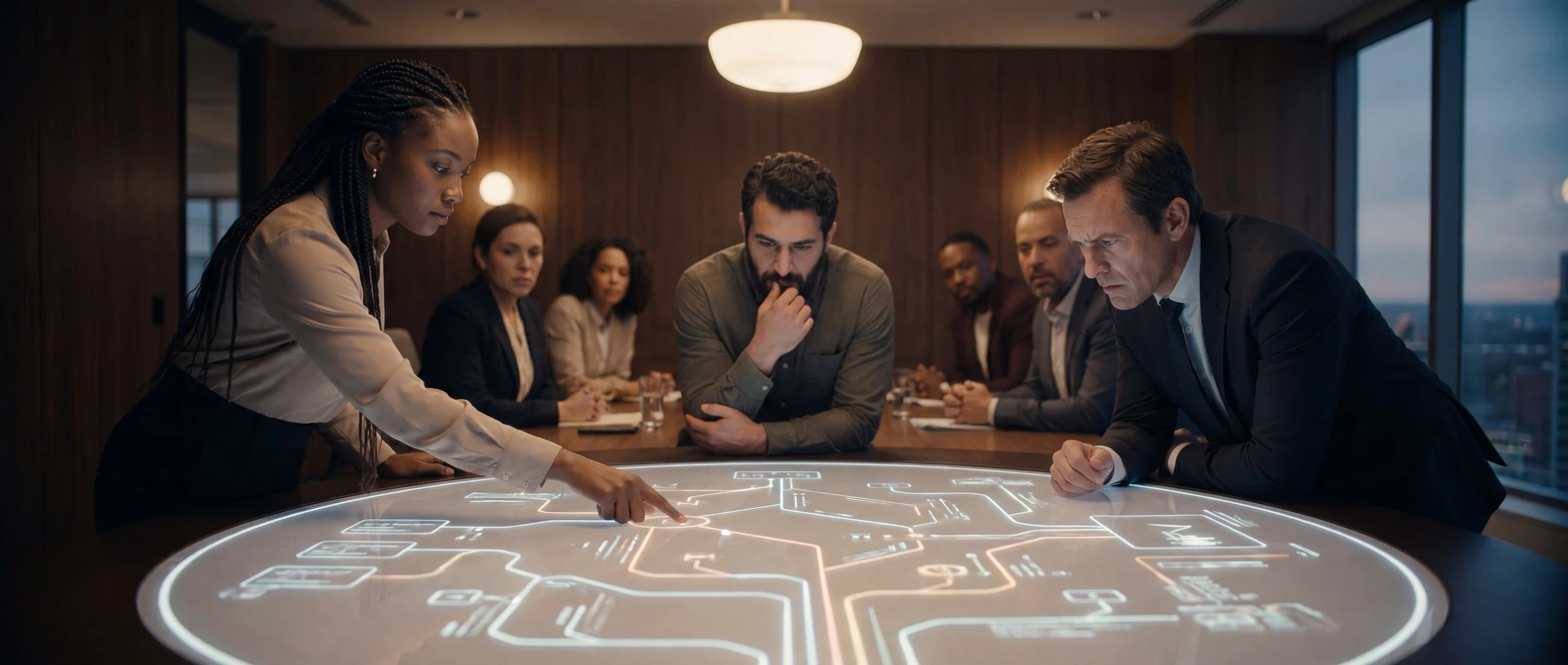 People gather around a shared table evaluating multiple possible directions and outcomes.