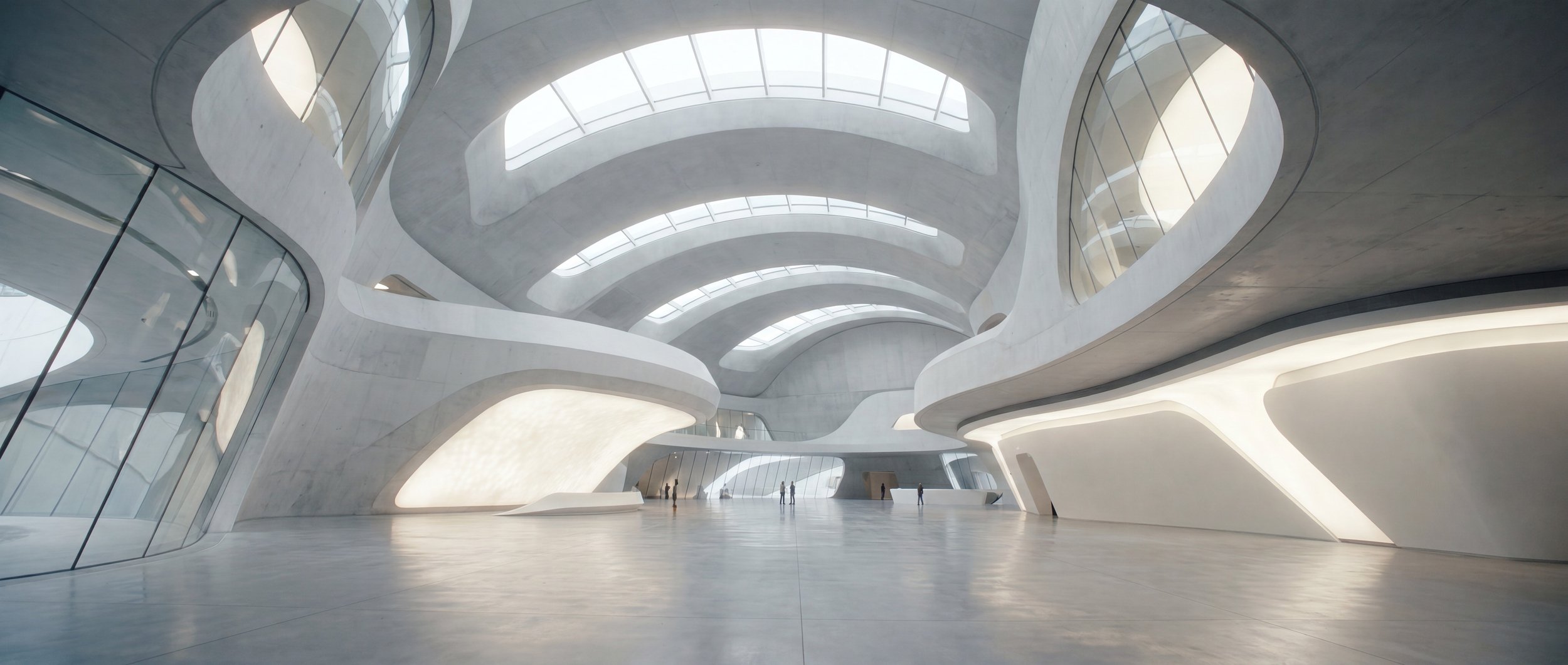 Student wearing smart glasses inside a large immersive creative environment where ideas are visualized instantly across the surrounding architecture.