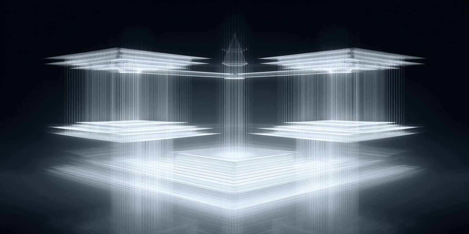 Futuristic digital hologram of stacked glowing square platforms with geometric shapes in the center, emitting white light against a dark background.