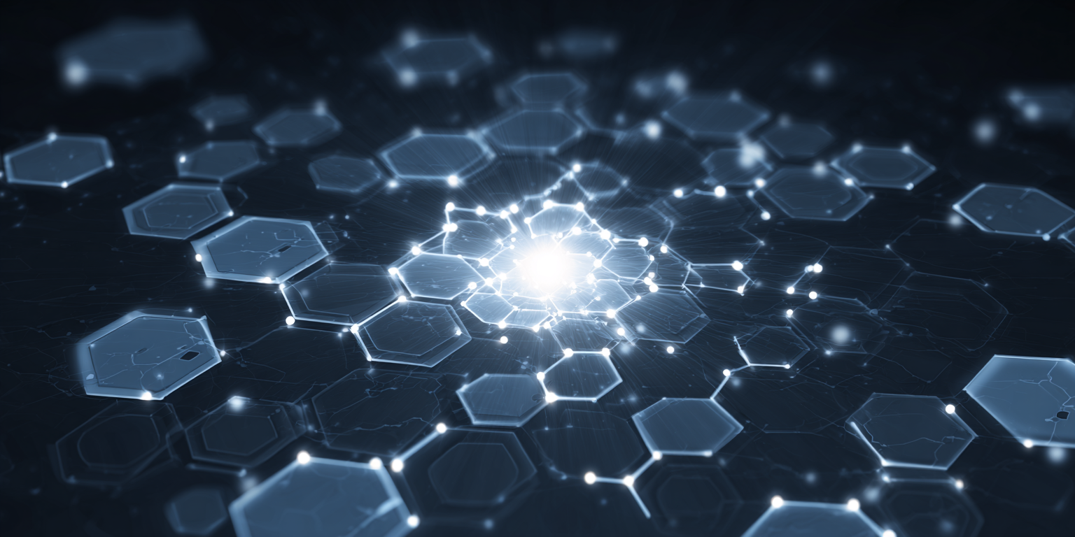 Digital visualization of interconnected hexagonal shapes and glowing nodes forming a network, with a bright central point of light.