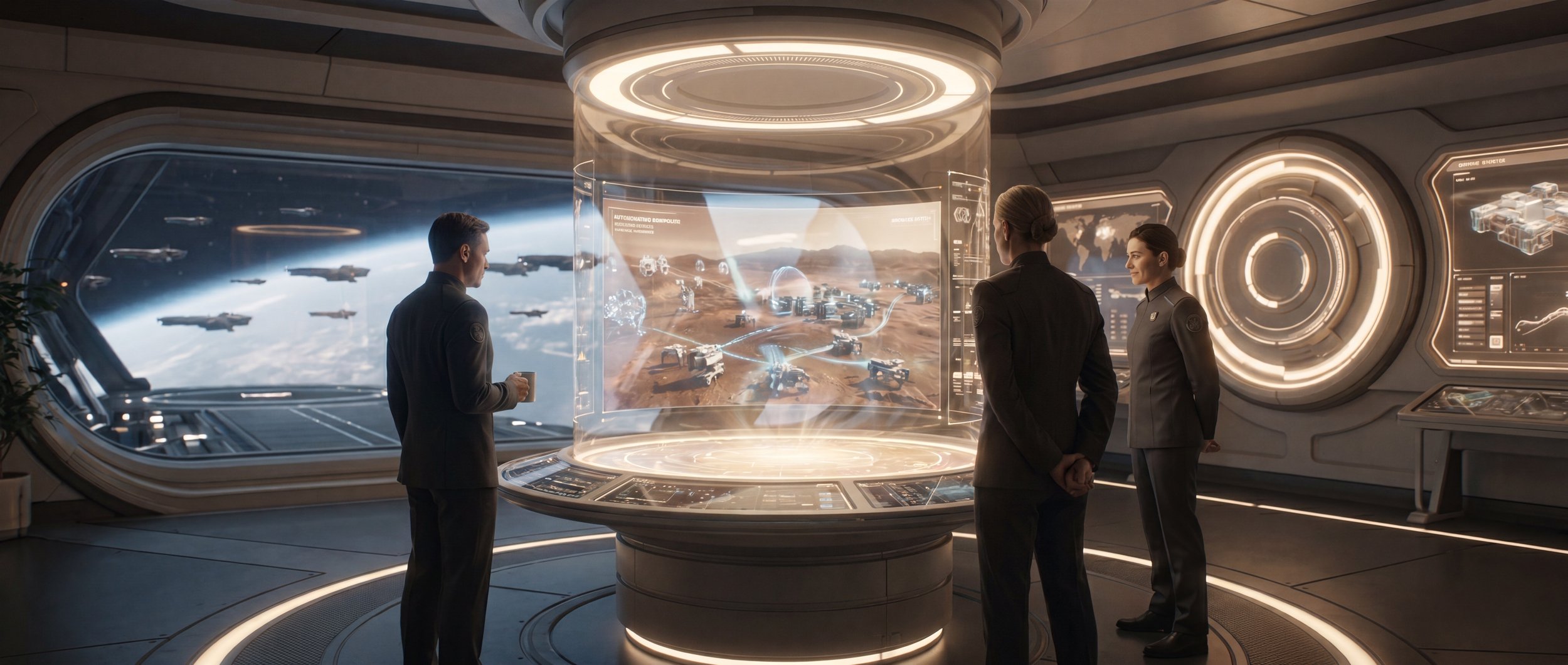 Commanders oversee a large autonomous mission while machines manage execution across multiple operational domains.