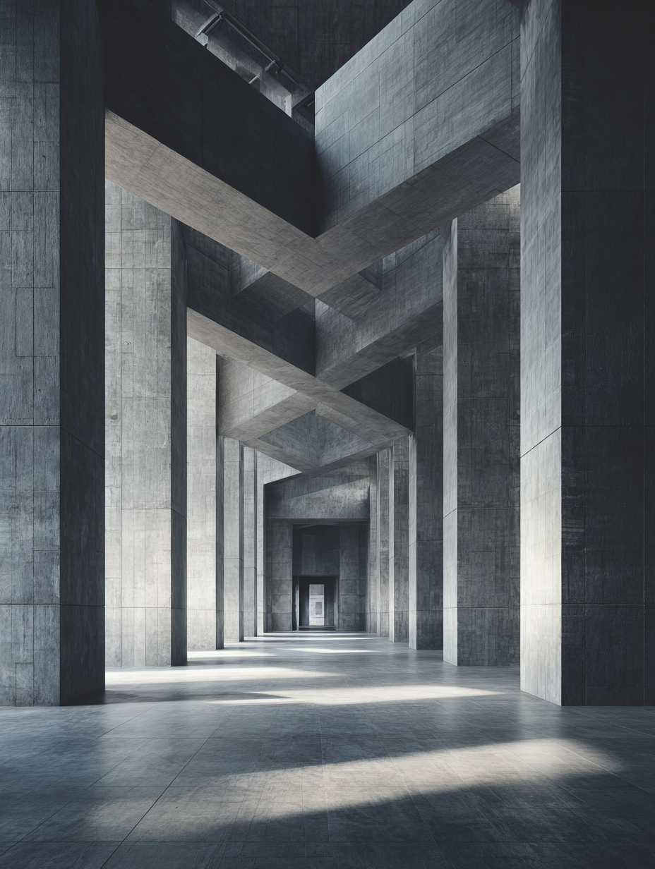 A minimalist architectural interior with tall concrete pillars creating a corridor with light and shadow patterns on the floor.