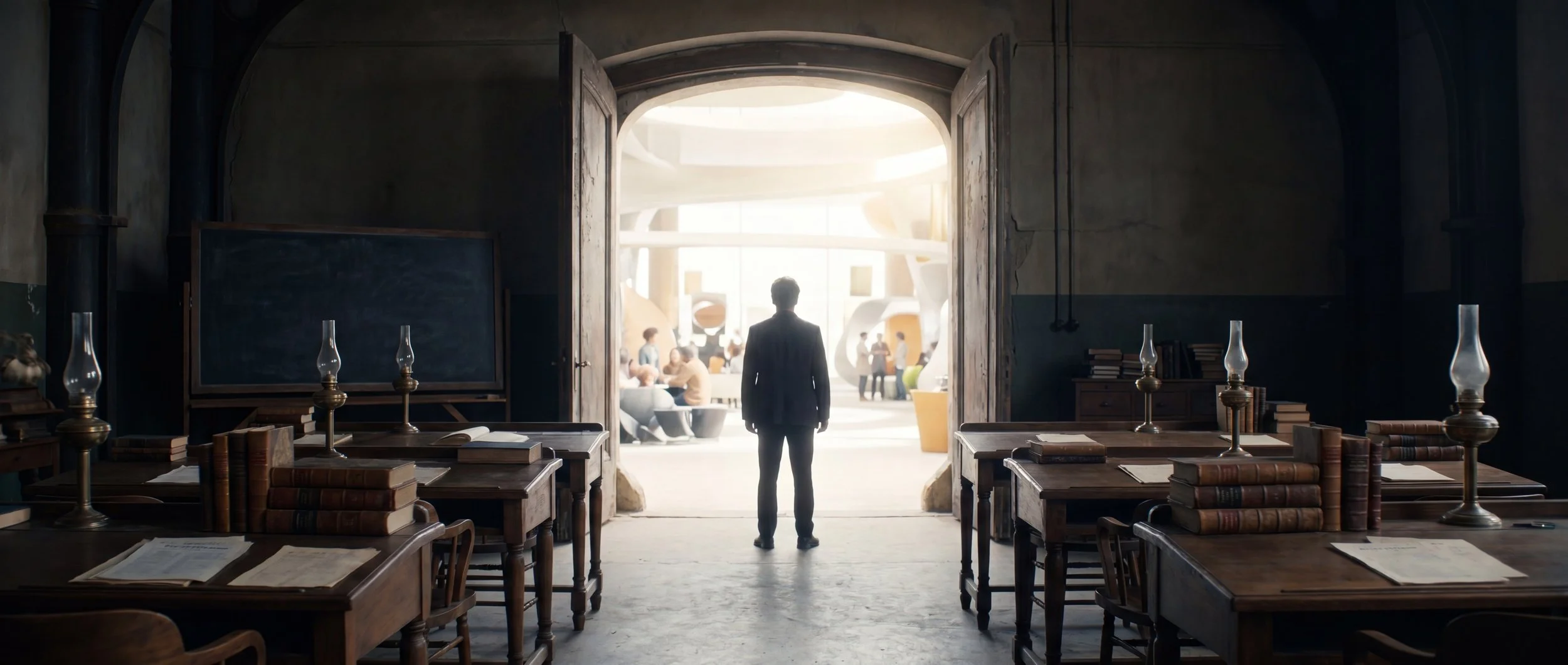 A lone individual stands between an industrial-age classroom and an open future-oriented environment filled with possibility.