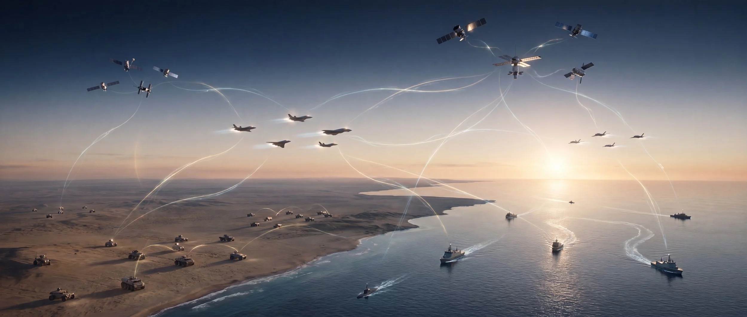 Autonomous systems operate across multiple domains within a coordinated military ecosystem supported by invisible connections.