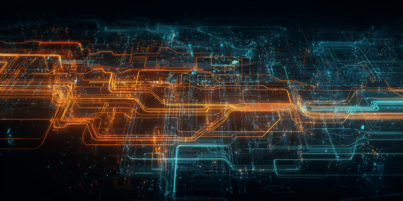 Digital abstract circuitry with glowing blue and orange lines and nodes on a dark background