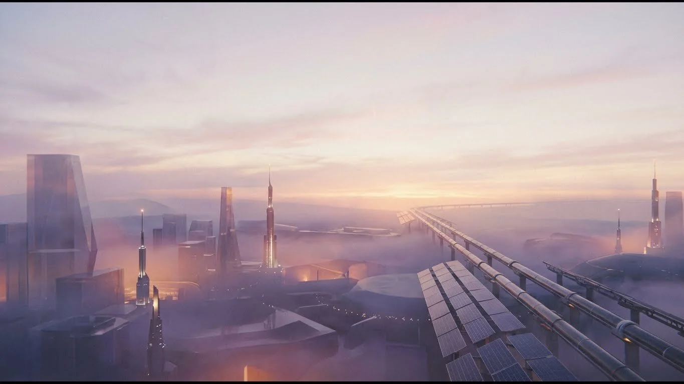 Futuristic cityscape with tall skyscrapers, elevated highways, and infrastructure, shrouded in fog during sunset