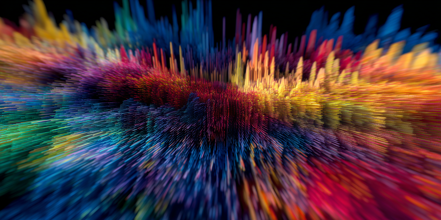 Colorful array of sticks or rods in various colors arranged in a wave pattern and captured with motion blur