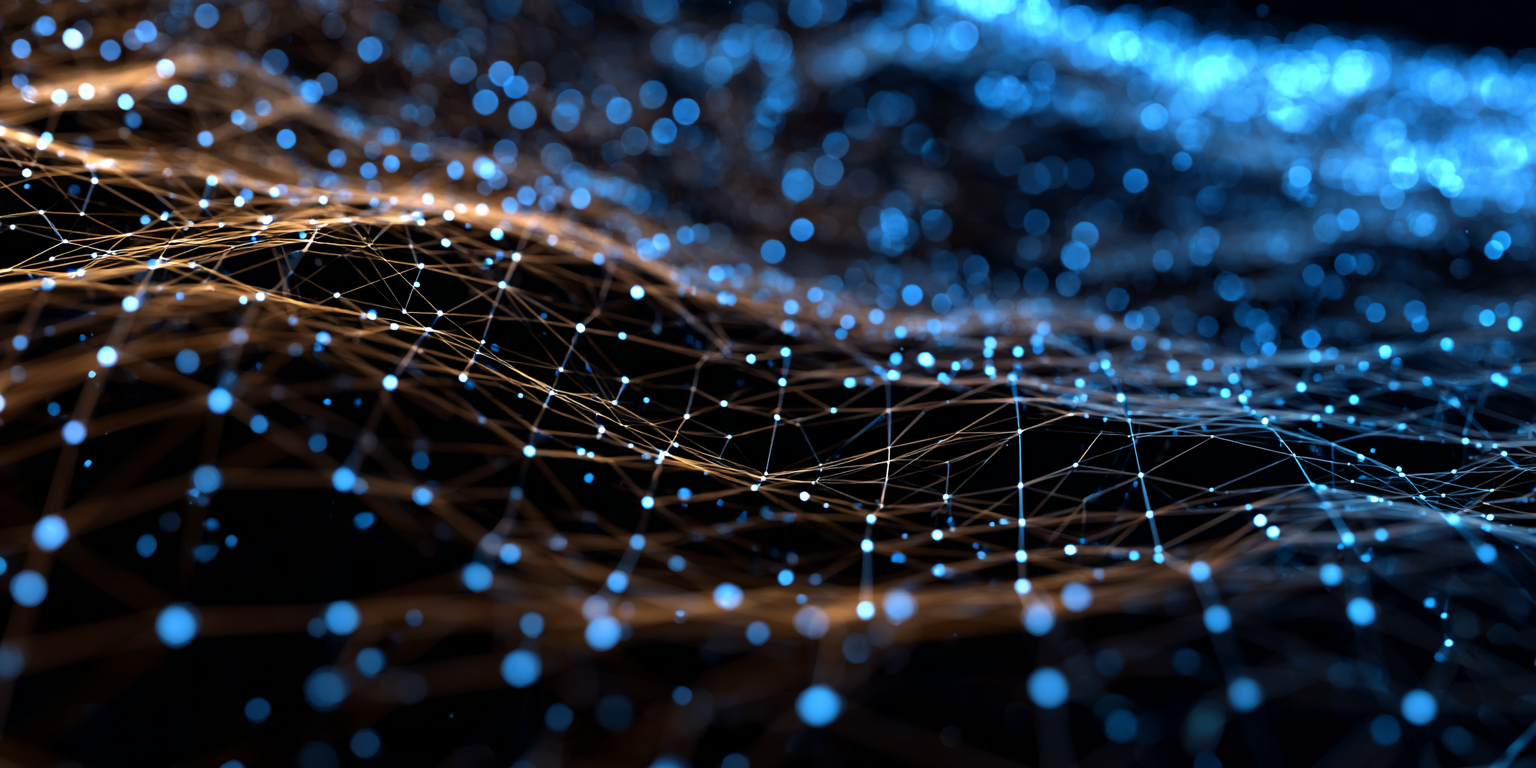 Abstract digital visualization with a dark background, featuring interconnected orange and blue glowing points forming a web or network pattern.