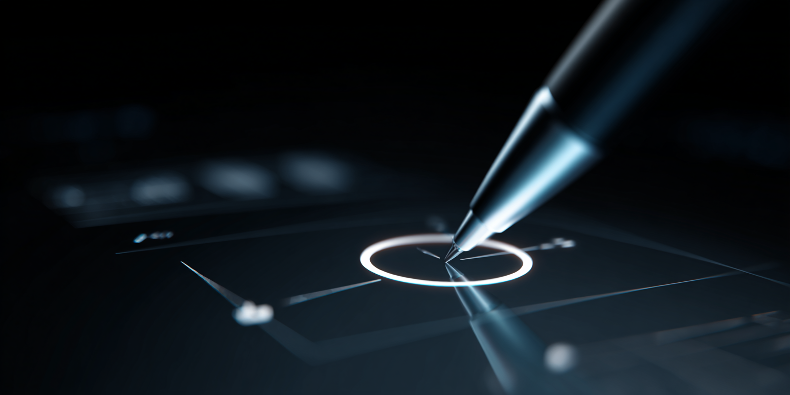 Close-up of a stylus pen drawing on a digital tablet with a glowing circle and grid lines, in low light.