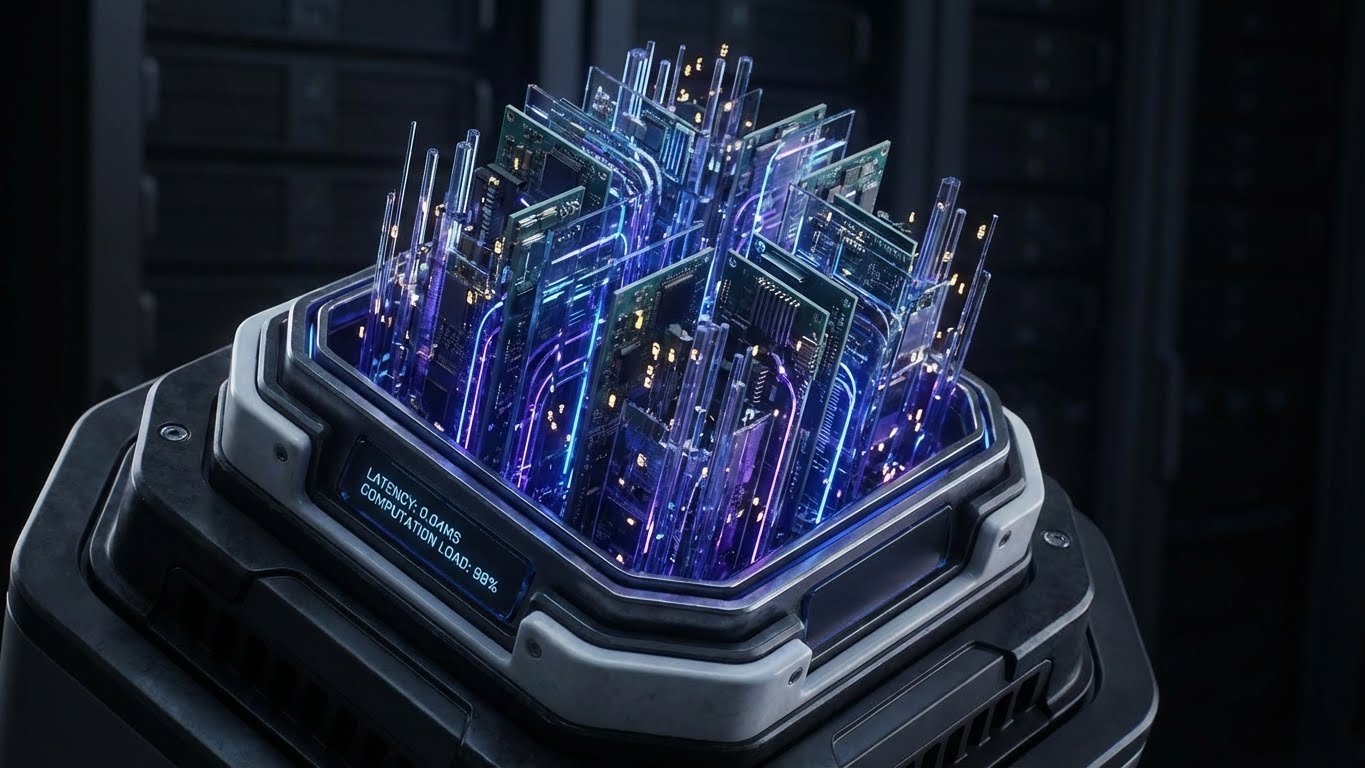 Futuristic, sci-fi computer hologram with circuit boards and neon lights on a black background.