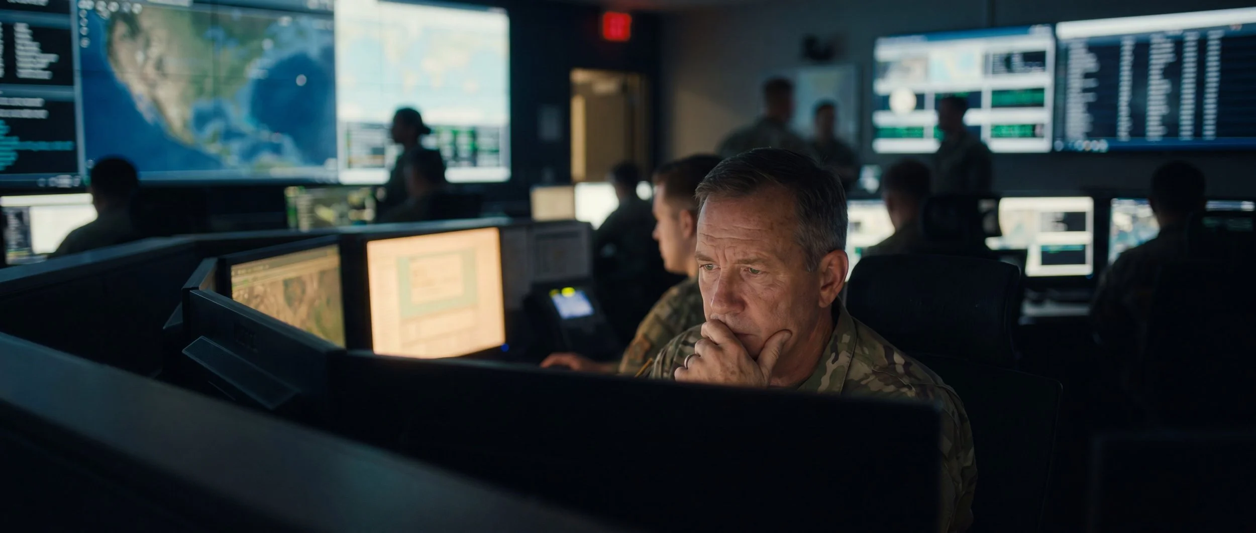 A focused commander concentrates on a single critical situation while distractions fade into the background.