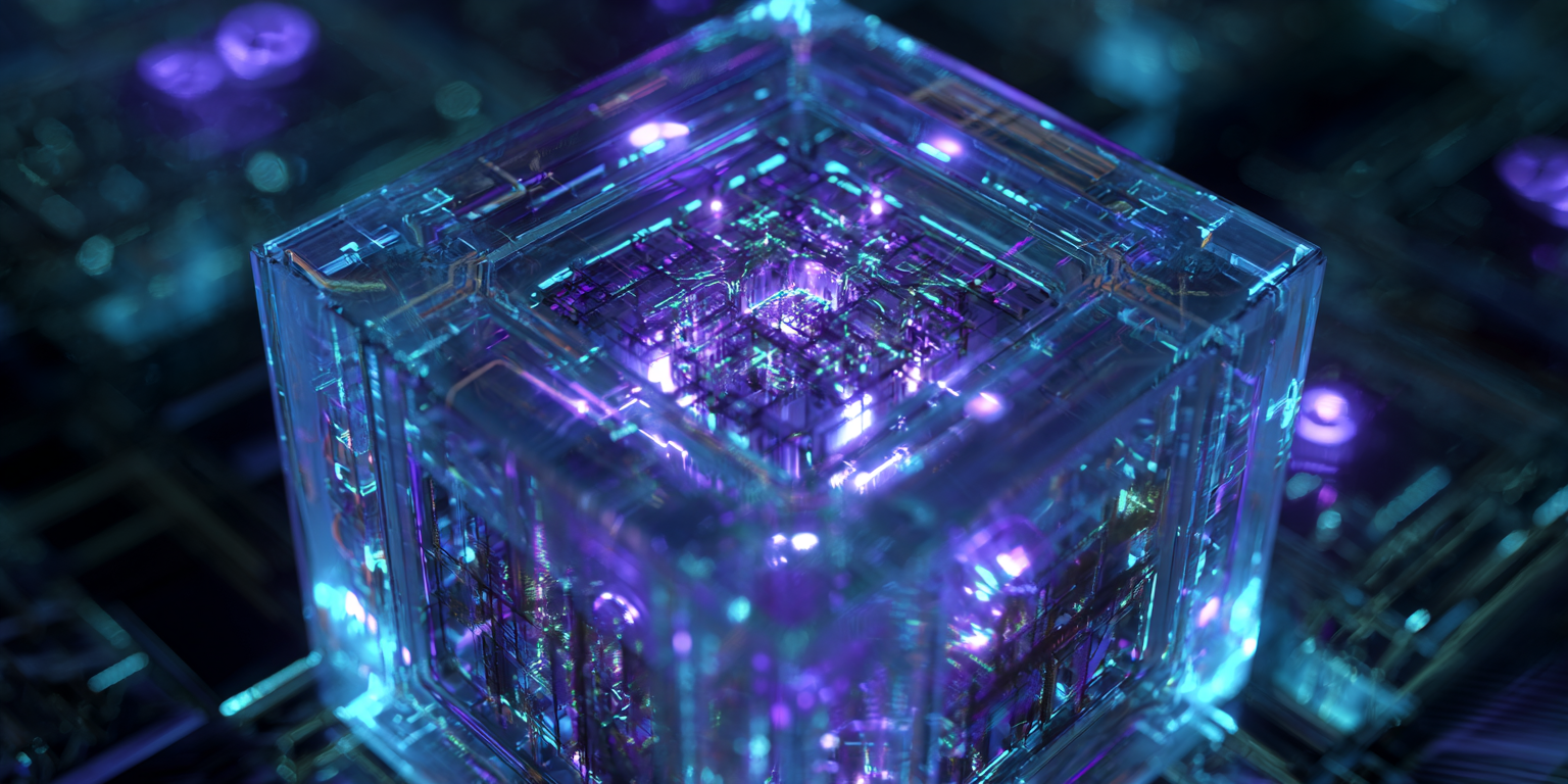 Close-up of a digital, glowing, blue and purple cube with intricate circuitry inside, set against a dark background.