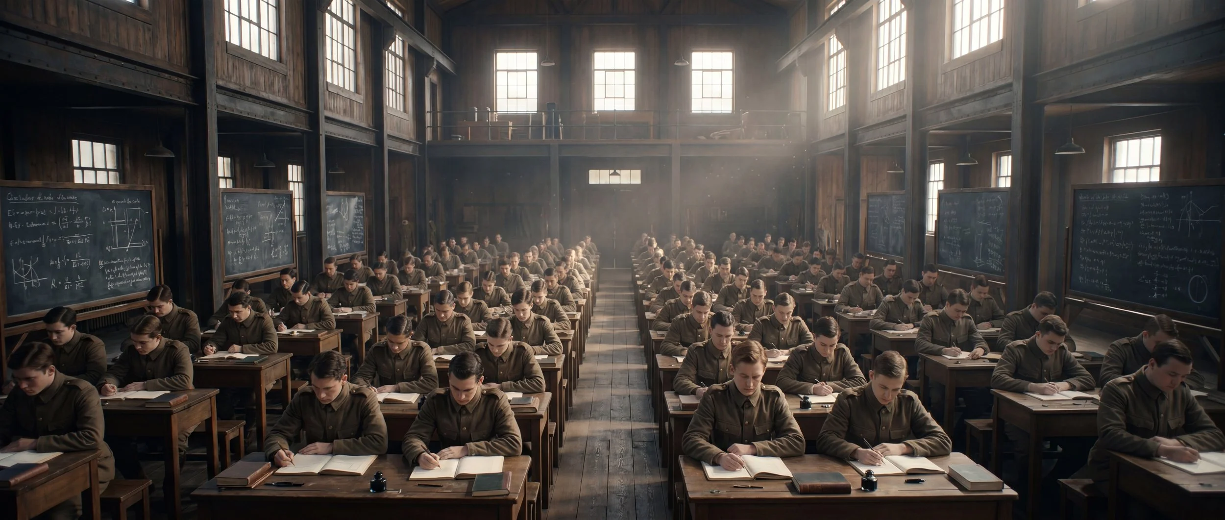 Students sit in uniform rows within a highly structured classroom designed for memorization, repetition, and standardized learning.