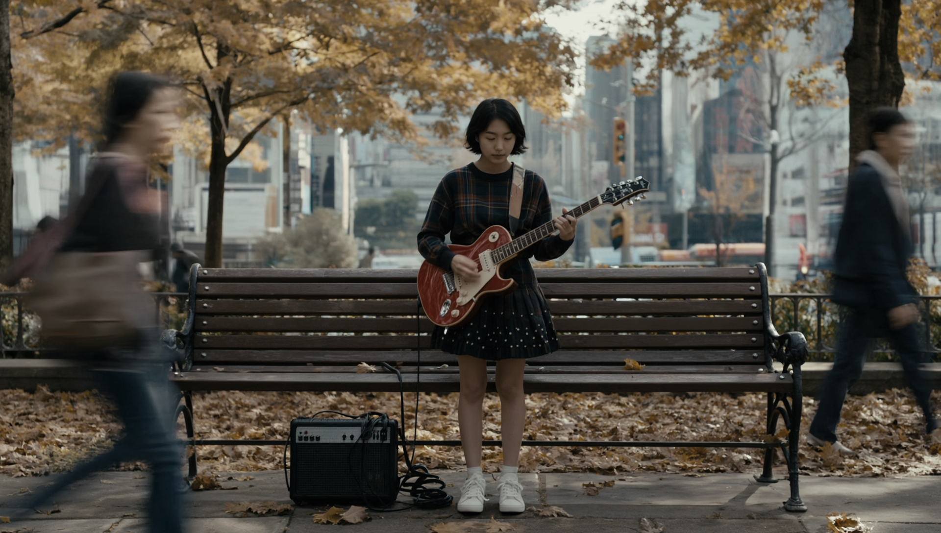 cinematic daytime scene set in a quiet public park in Tokyo during autumn