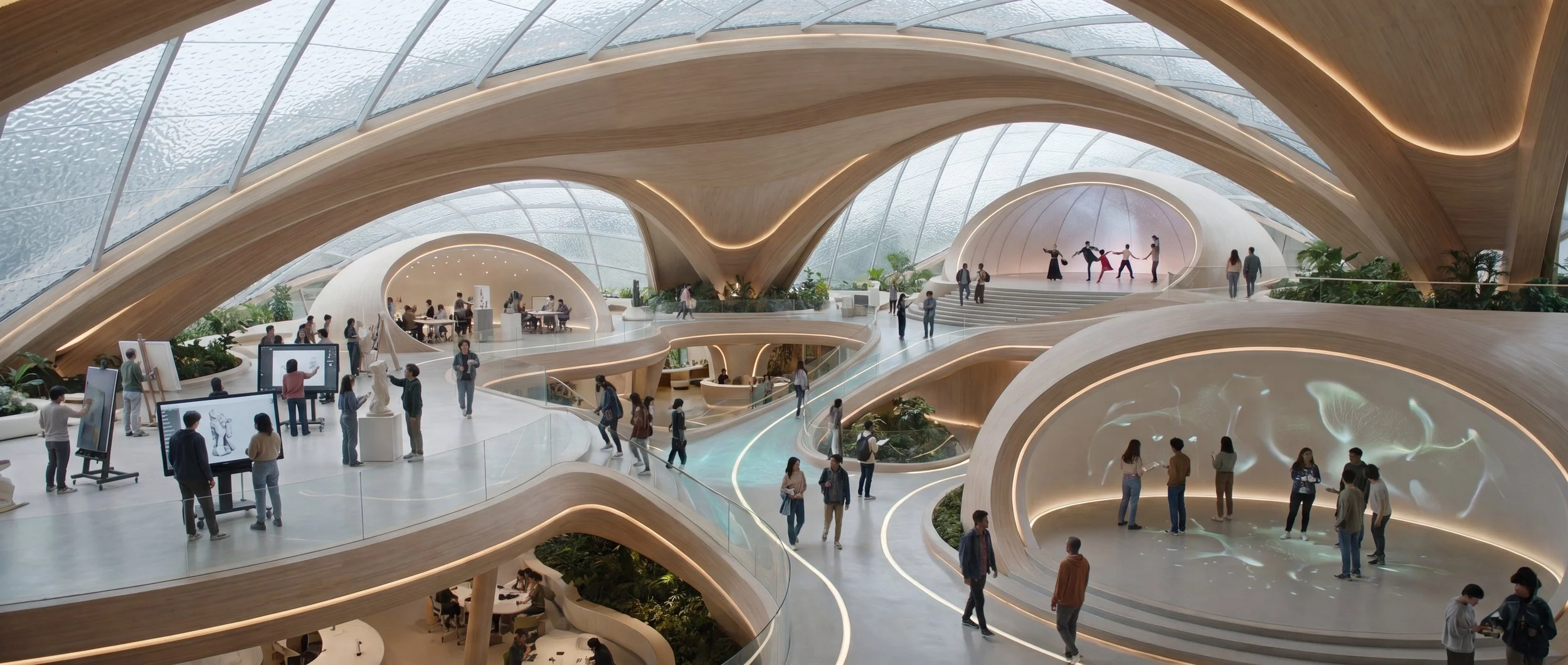 A large AI-powered educational environment where multiple creative spaces, collaborative activities, and immersive learning experiences operate seamlessly within a connected ecosystem.