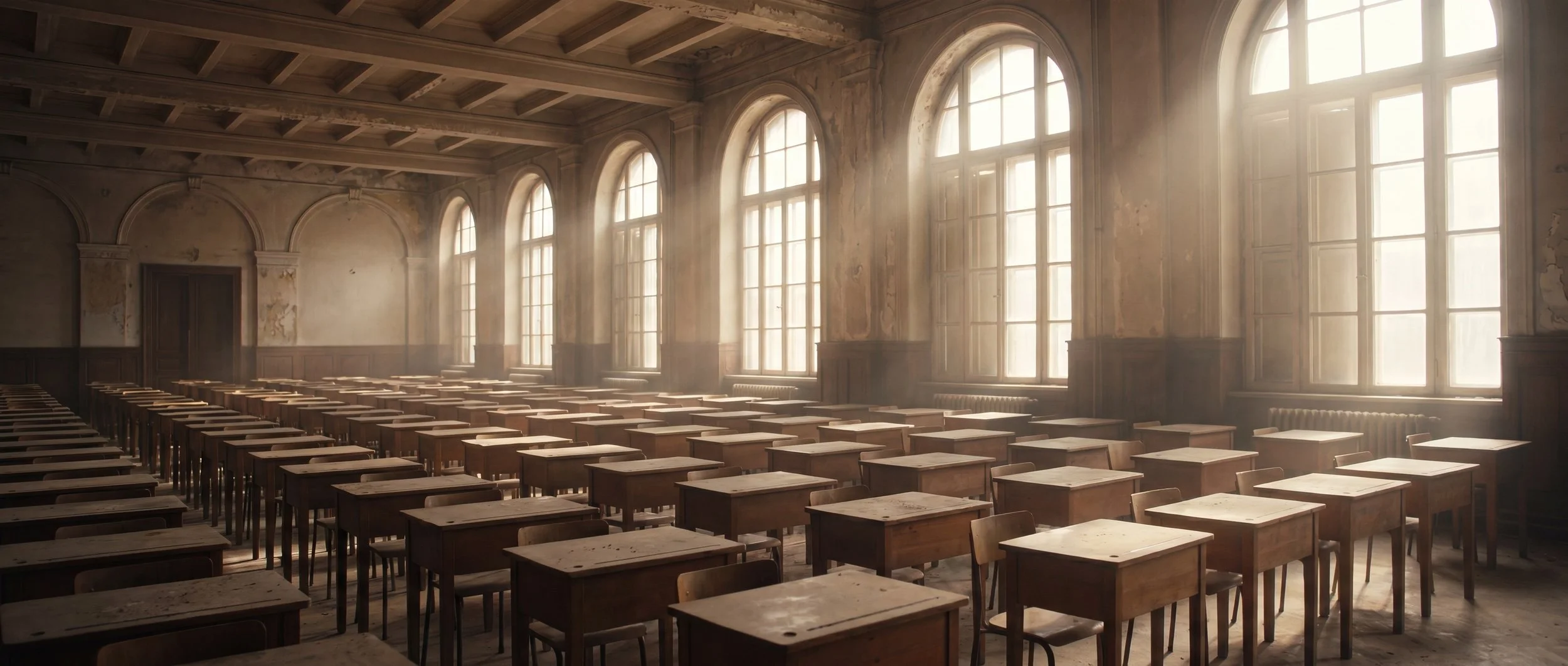 An empty examination hall stands preserved in silence, representing an outdated model of human capability.