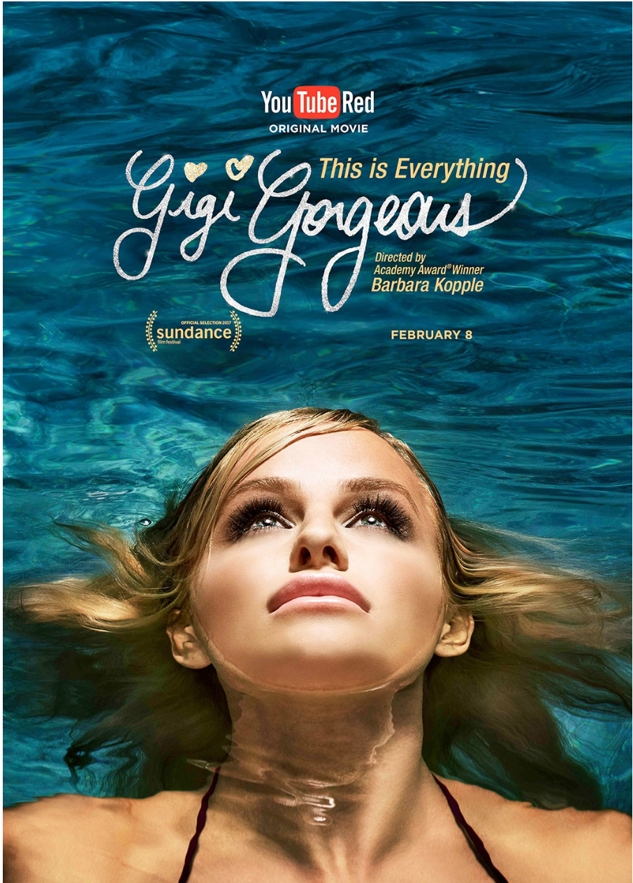 Promotional poster for the Netflix original movie "Gigi Gorgeous: This is Everything," showing a woman with blonde hair floating in water, looking upward. The poster includes the title, release date February 8, and mentions directed by Barbara Kopple