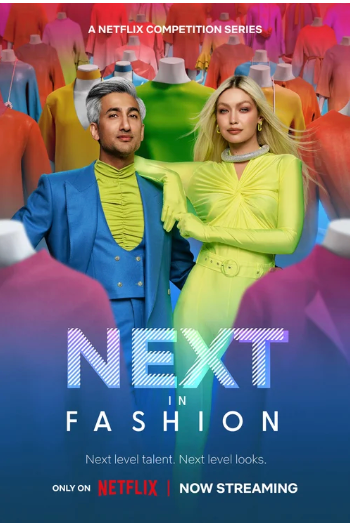 Promotional poster for Netflix competition series "Next in Fashion" featuring two models in bright green outfits surrounded by colorful mannequins.