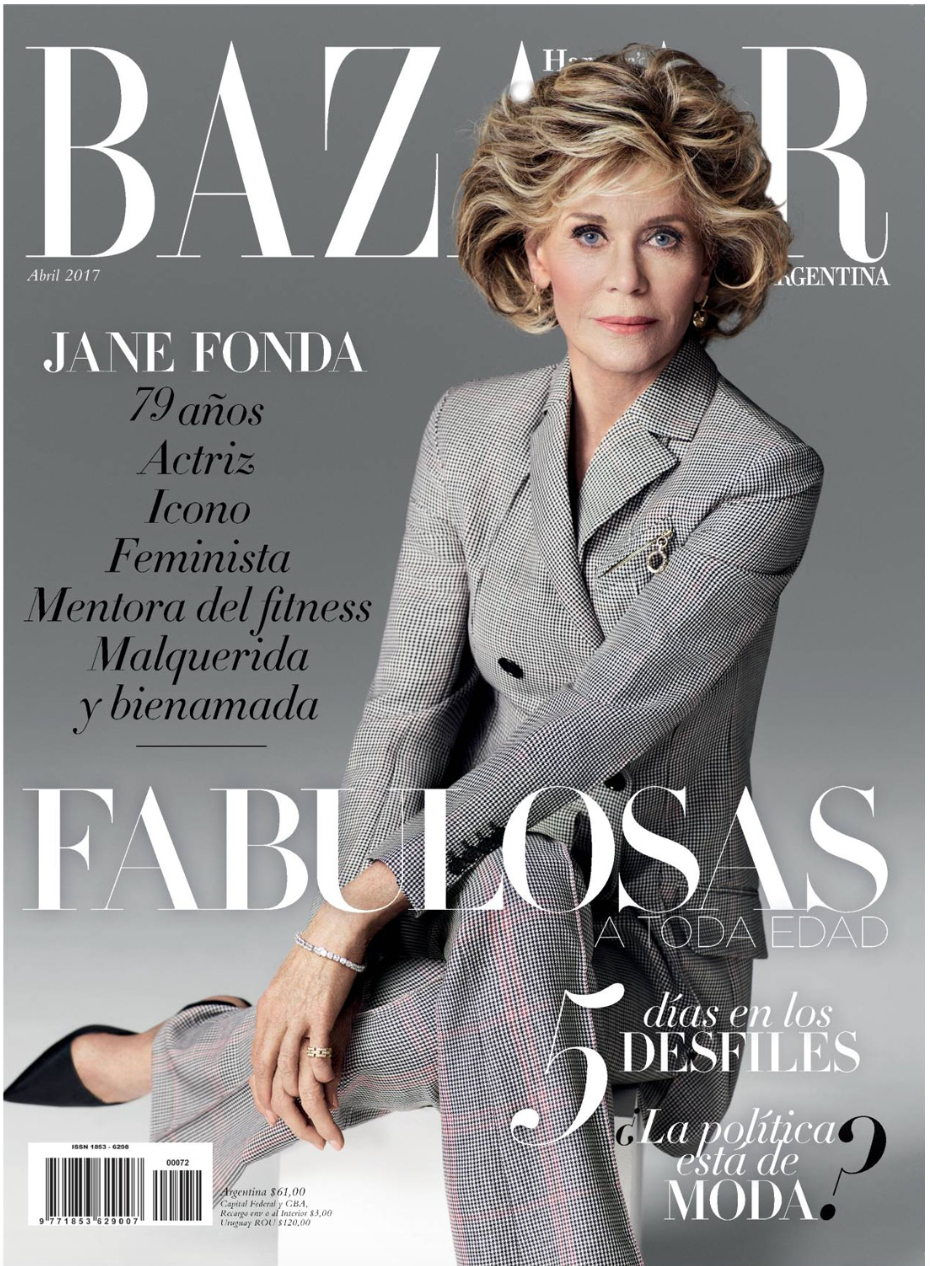 Cover of Harper's Bazaar magazine, April 2017, featuring Jane Fonda in a gray plaid suit, sitting with her legs crossed, on a gray background.