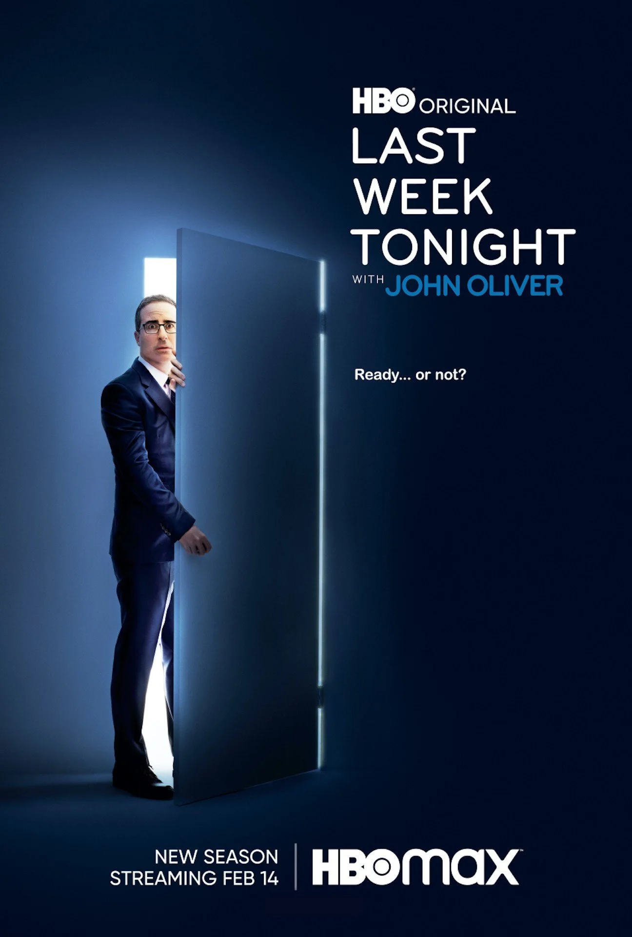 Poster for HBO Max original series 'Last Week Tonight with John Oliver,' showing a man in a suit peeking from behind a door with blue background and white text.