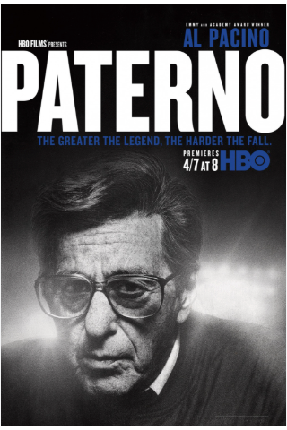 Poster for the HBO documentary 'Paterno' featuring a black-and-white close-up of a man wearing glasses, with text announcing Al Pacino and the premiere date.