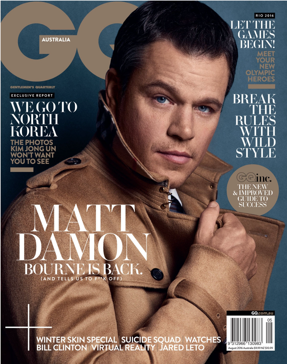 The cover of GQ magazine featuring actor Matt Damon in a brown trench coat with a serious expression, June 2016 issue.