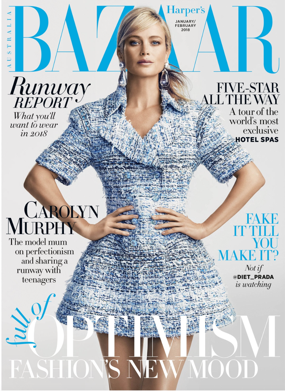 Cover of Harper's Bazaar Australia, January/February 2018, featuring model Carolyn Murphy wearing a blue and white textured jacket dress.