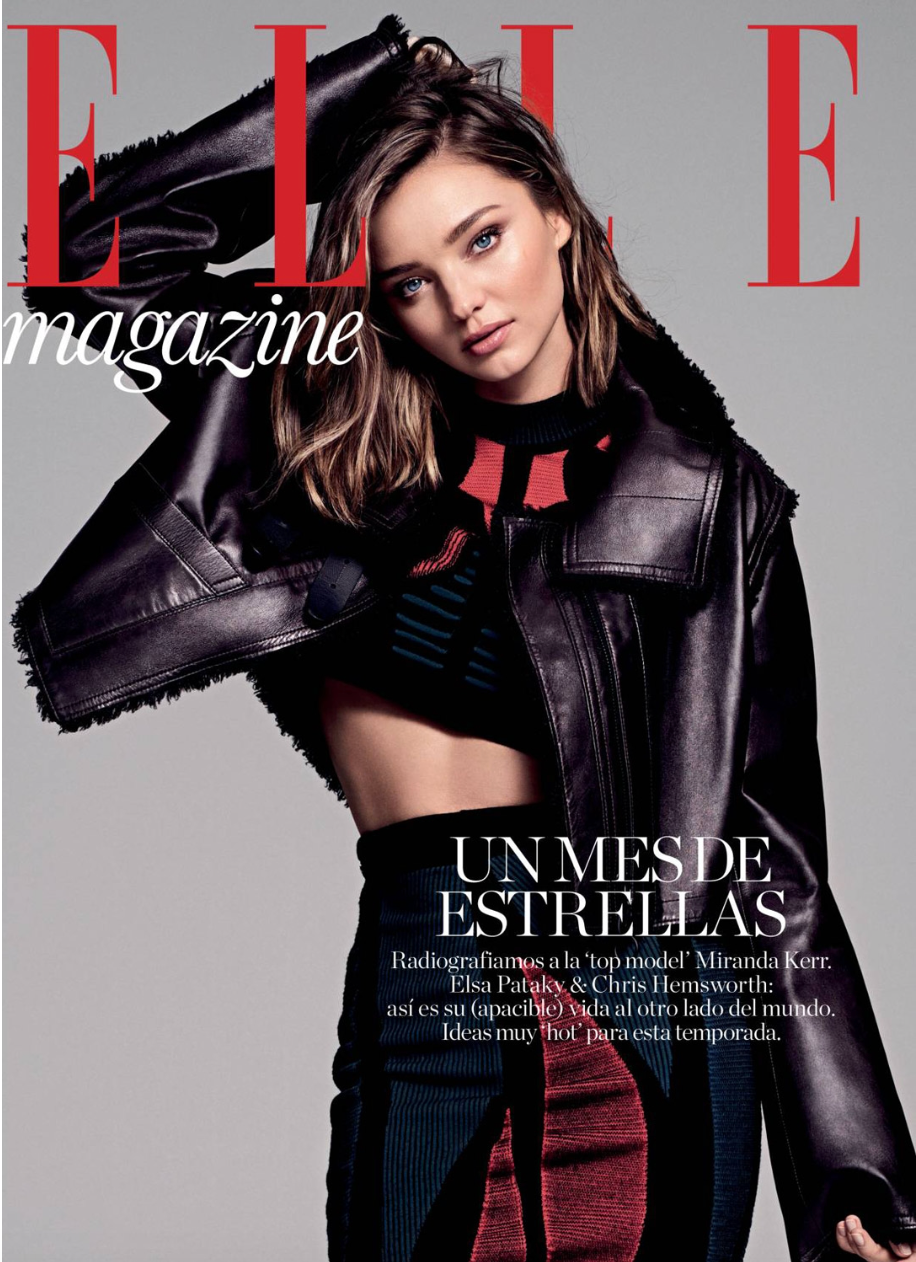 Elle magazine cover featuring a young woman with light brown hair and blue eyes, wearing a black leather jacket, a patterned crop top, and high-waisted pants, with text in Spanish about stars and fashion.