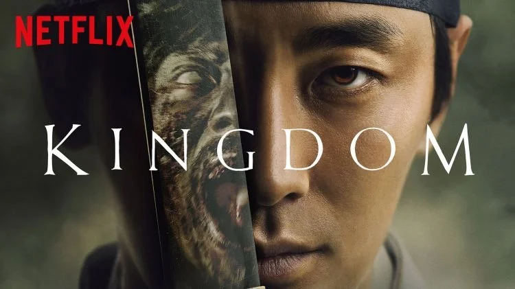 Poster for the Netflix series 'Kingdom' featuring a young man's serious face with half of it hidden behind a vertical black strip depicting a fierce creature.