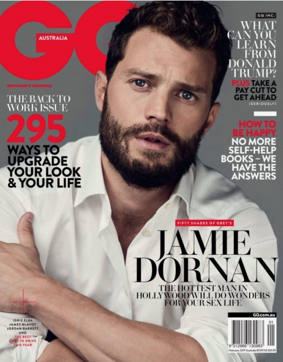 GQ Australia magazine cover featuring actor Jamie Dornan with a beard, wearing a white shirt, looking directly at the camera.