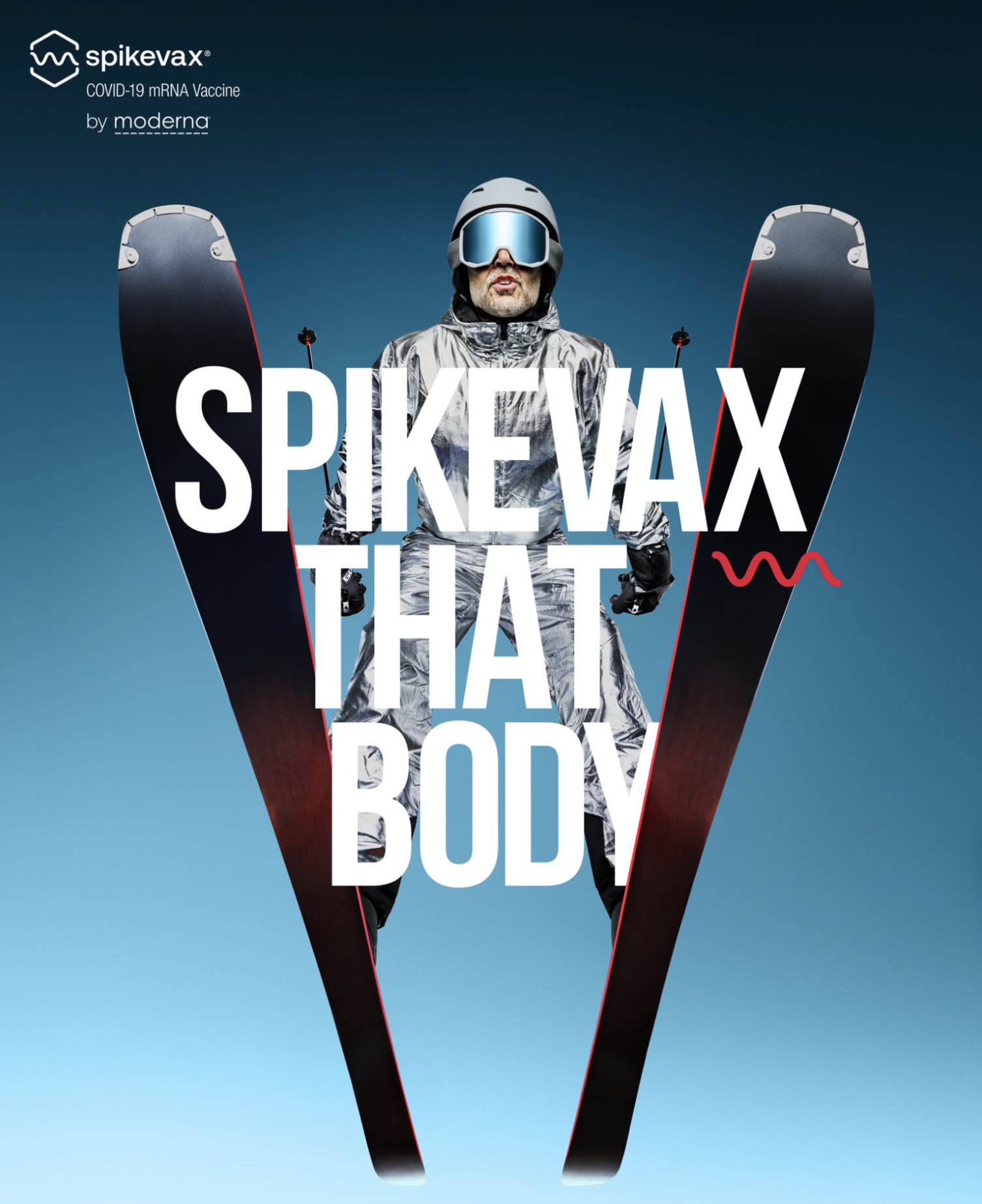 A person dressed in ski gear with a helmet and goggles, standing between two skis, with overlay text about the spikevax COVID-19 vaccine by Moderna.