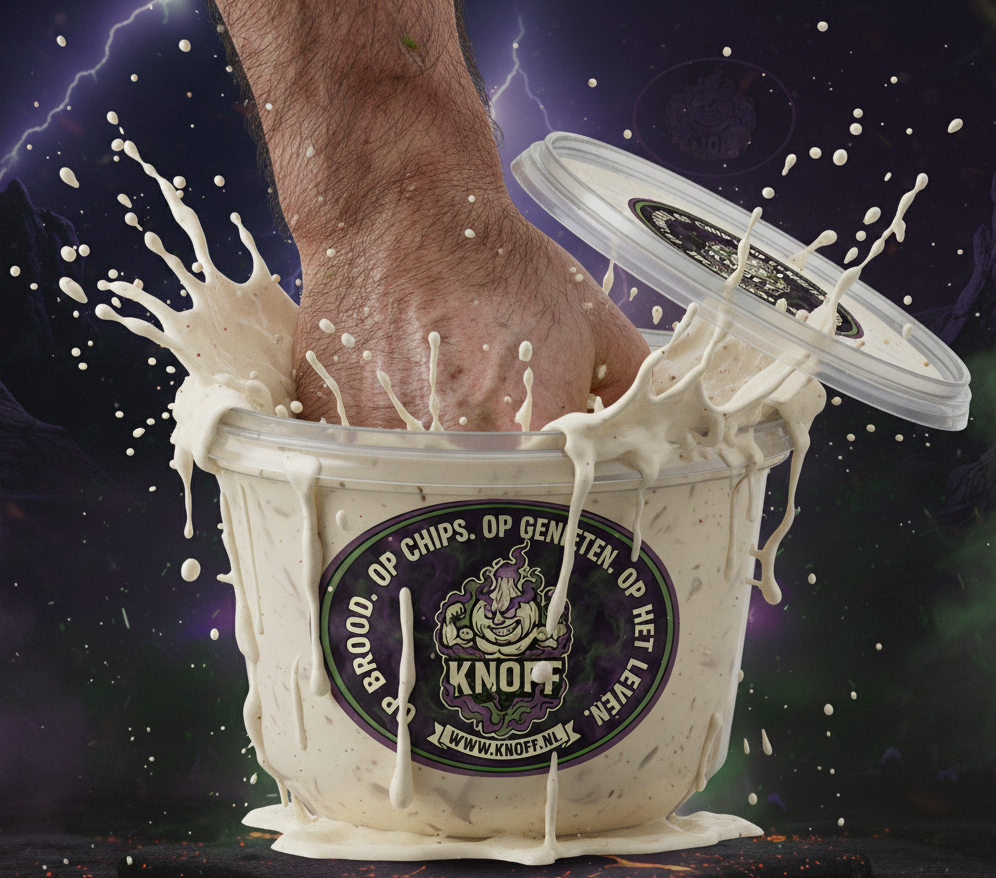 Hand dip in een container met saus vol met witte saus die eruit spat, met een achtergrond die lijkt op een space of sterrenlucht.