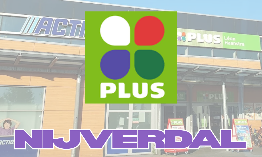 Het logo van PLUS supermarkten met een beeld van een winkel en opvallende tekst "NIJVERDAL" in de voorgrond.