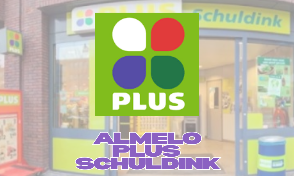 Een supermarkt met een Plus-Logo en teksten 'Almelo Plus Schuldink' op de gevel.