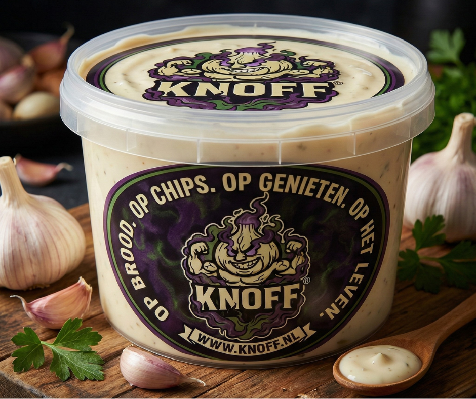 Een pot knoflooksaus met het logo van Knof erop, omgeven door knoflookkoppen en peterselie, op een houten ondergrond.