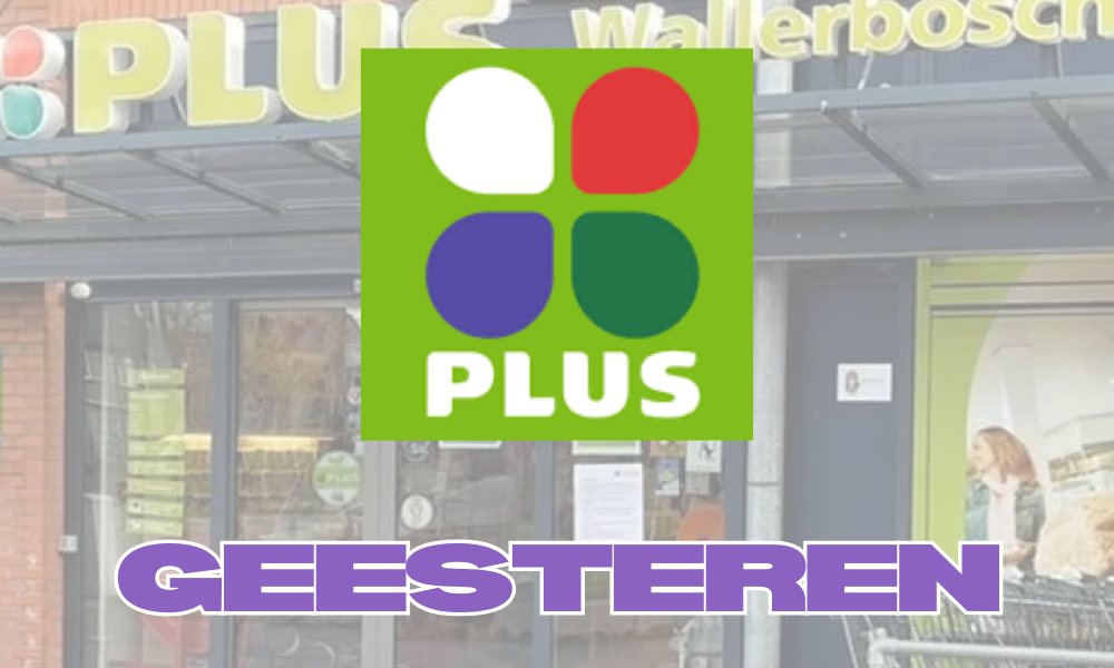 Logo van de supermarkt Plus met de tekst 'Geesten' eronder, storefront van een Plus supermarkt met een glazen deur en een vrouw binnen.