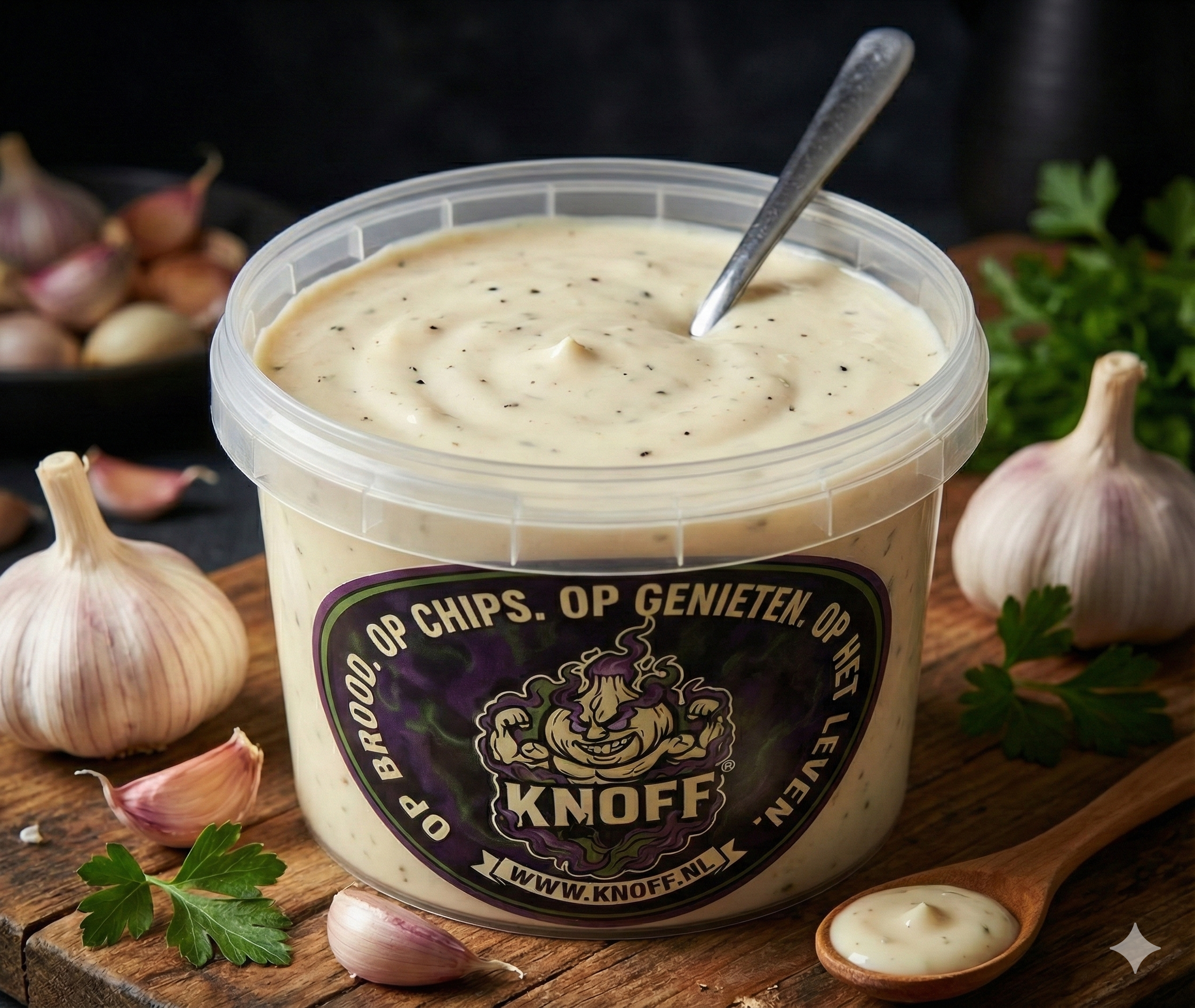 Bakje KNOFF knoflooksaus met knoflook en kruiden, omringd door knoflookbollen, gehakte knoflook, peterselie en een houten lepel met extra saus op een houten snijplank.