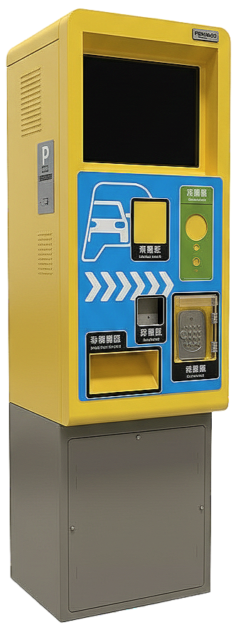 A yellow parking payment kiosk with a digital screen, card reader, coin slot, and ticket dispenser, used for paying parking fees.