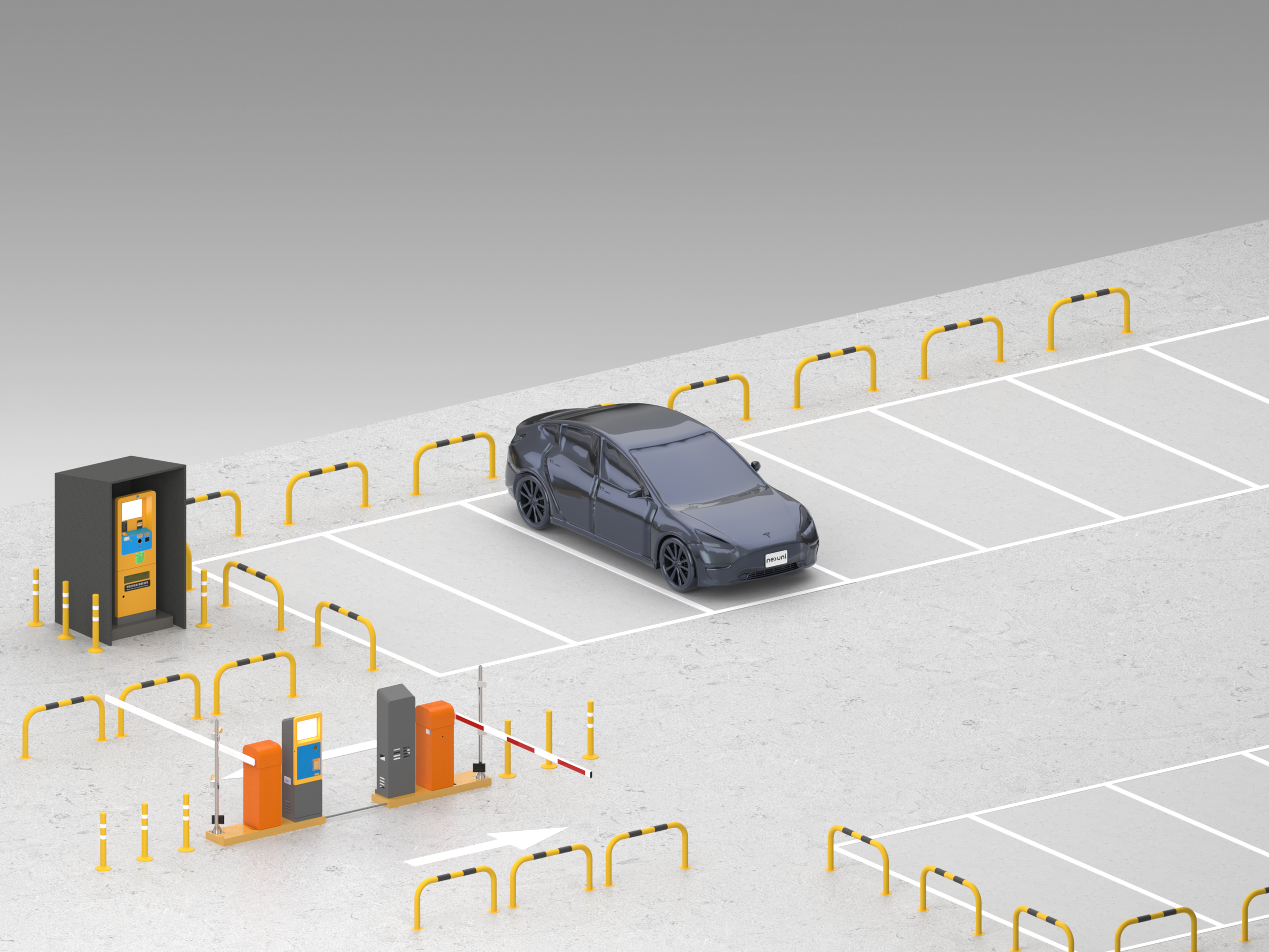 A grey electric car parked in a charging station with charging booths and parking barriers.