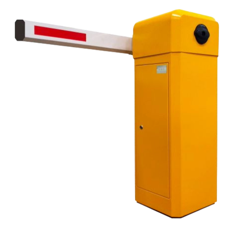 Yellow parking lot gate arm barrier with a white arm and red reflector