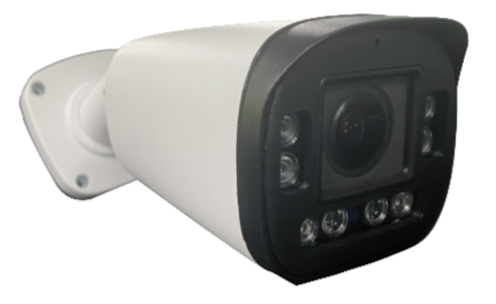 Security camera with a black front and white body, equipped with multiple infrared lights.