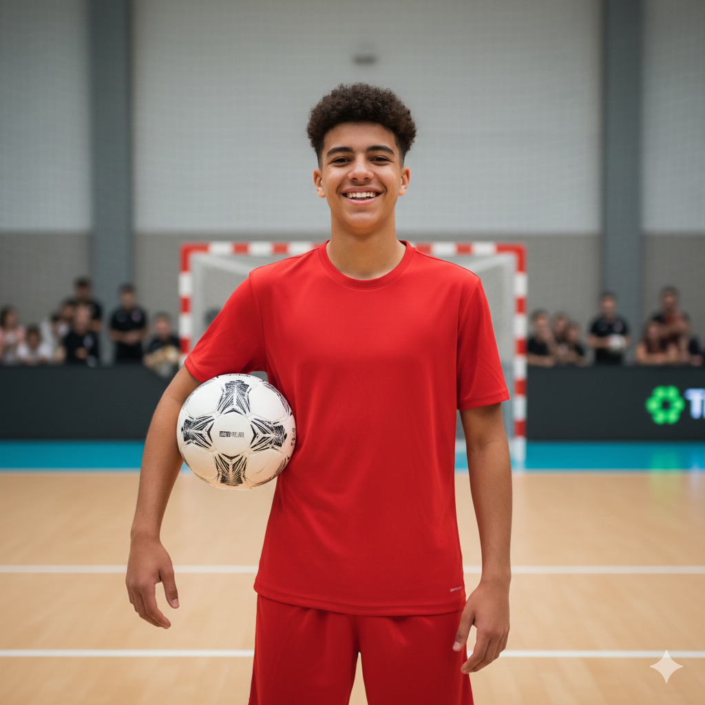 Junger Mann in rotem Sportoutfit hält einen Fußball in einer Turnhalle mit lachender Miene.