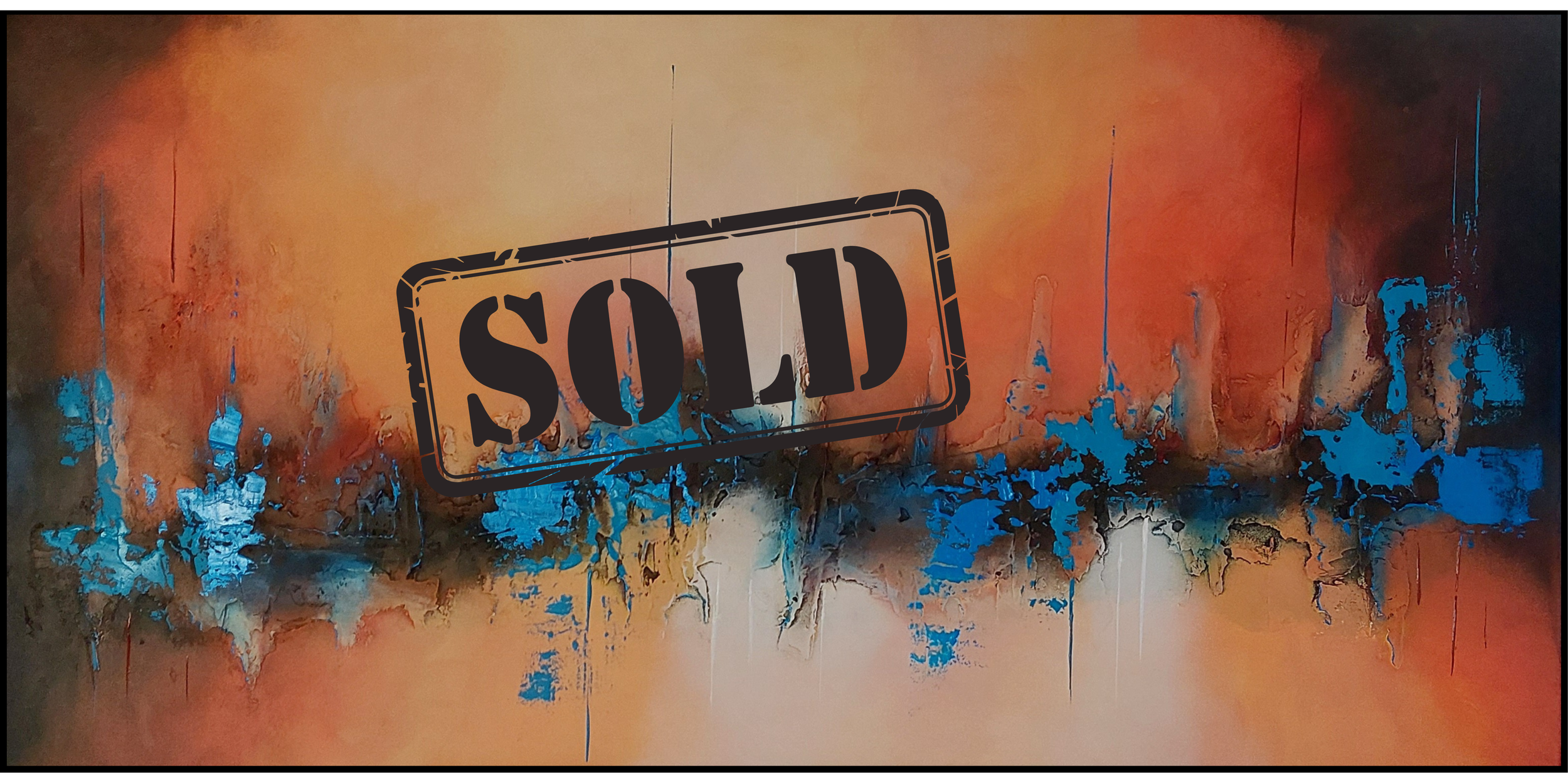Abstract kunstwerk met blauw en oranje kleuren en een grote zwarte stempel met de tekst 'SOLD' erop.
