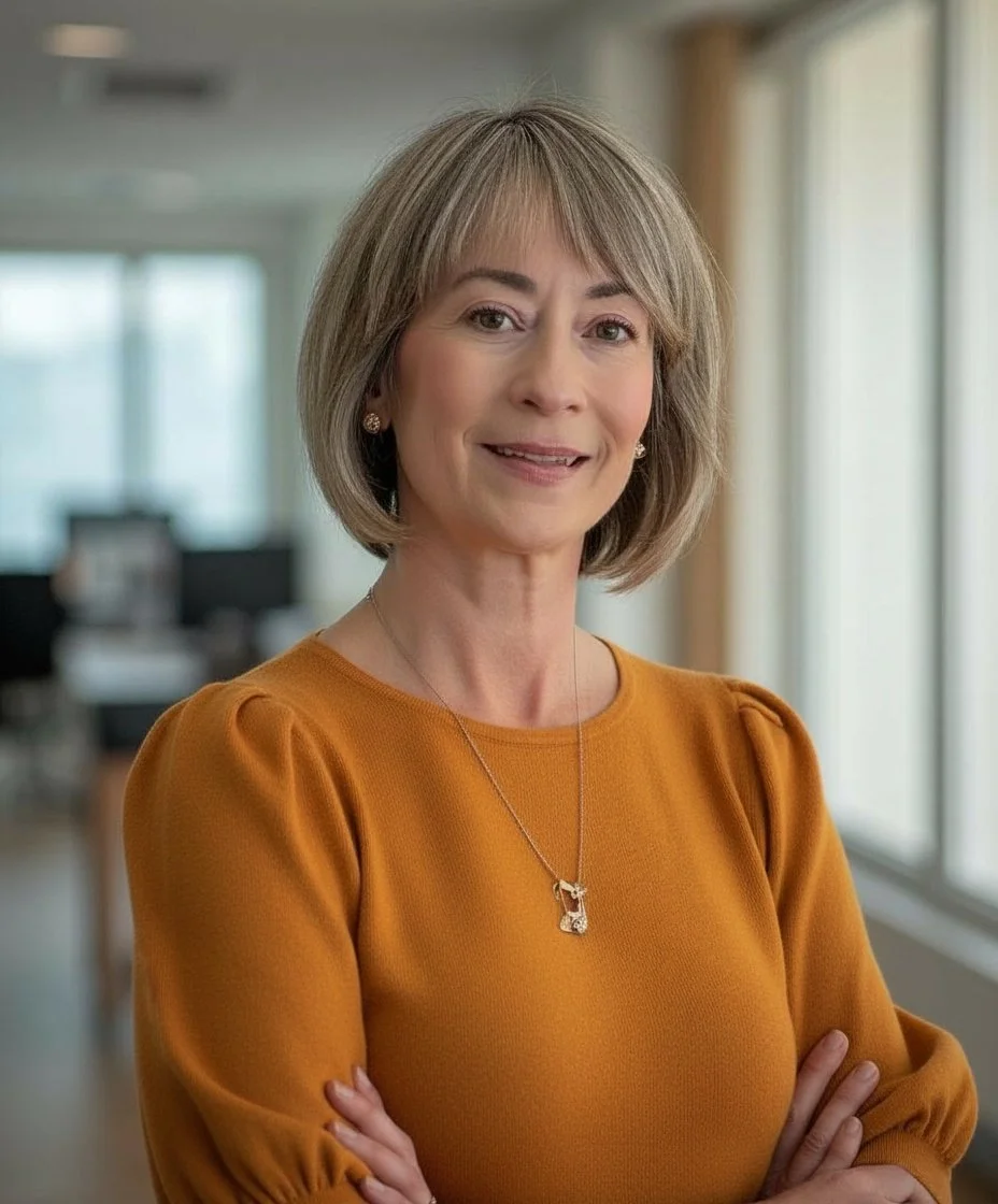 A middle-aged woman with short blonde hair, wearing a mustard-colored top, standing with arms crossed in a modern office setting with large windows.