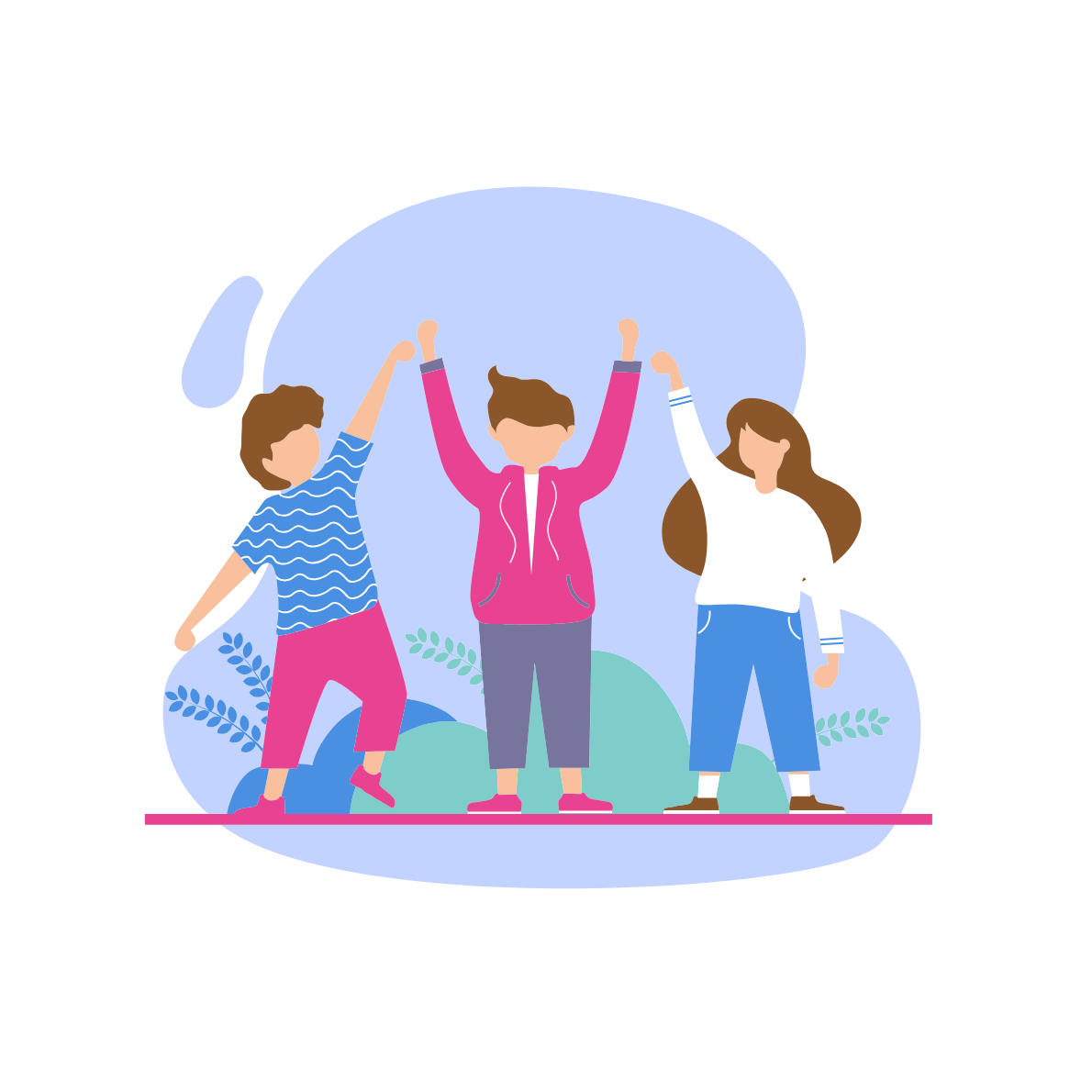 Illustration of three people happily raising their hands together outdoors with a blue, cloud-like background and some greenery.