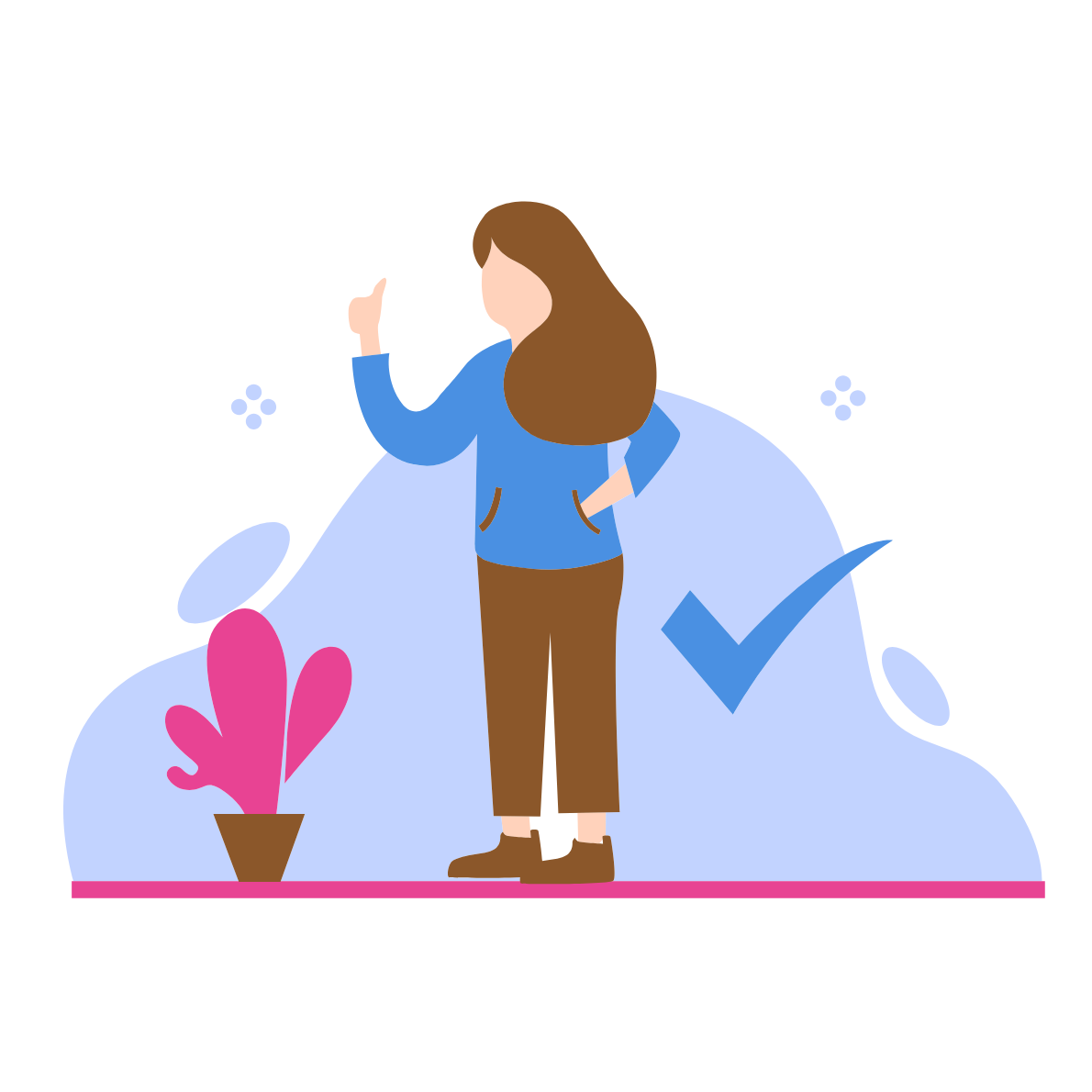 Illustration of a woman in casual clothing giving a thumbs-up gesture, with a pink plant and a checkmark in the background.