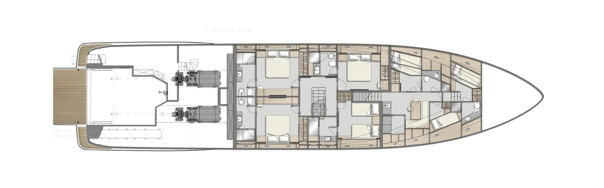 Top-down view of a yacht floor plan showing multiple bedrooms, bathrooms, and mechanical areas.