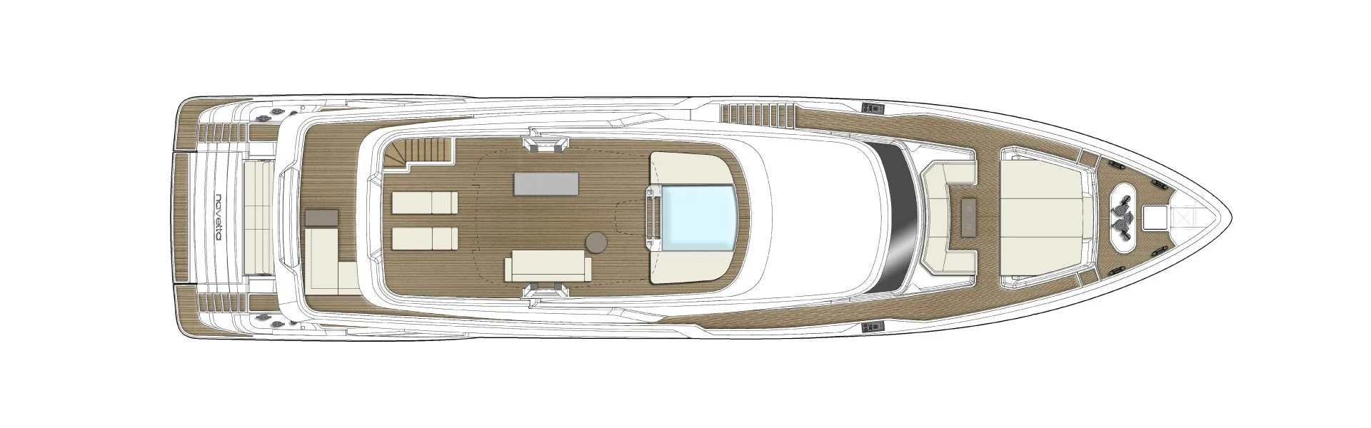 Top-down view of a yacht's deck with seating, a jacuzzi, and wooden flooring.