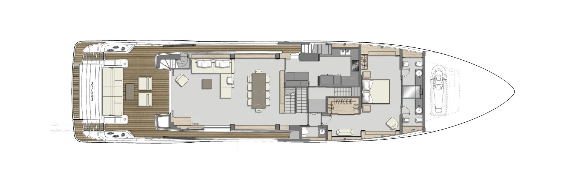 Floor plan of a yacht showcasing multiple rooms including a living area, kitchen, dining space, bedrooms, and bathrooms with detailed layout.